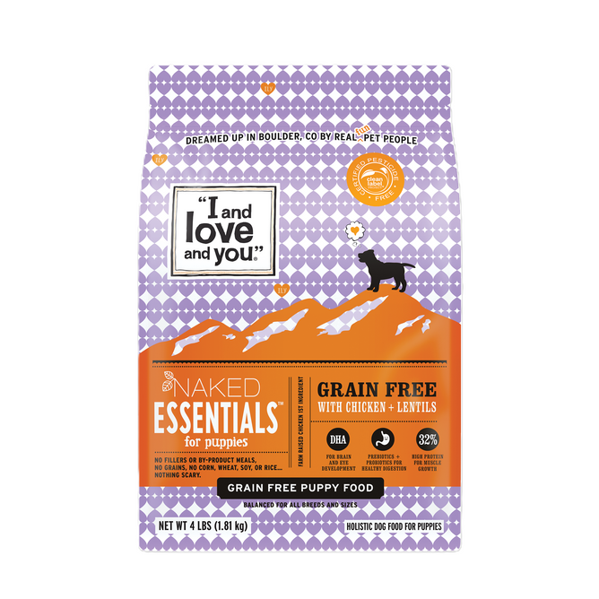 The I and Love and You Naked Essentials Puppy Recipe Grain-Free Dry Puppy Food comes in a vibrant purple package with white patterns. Made with USA farm-raised chicken and lentils, this 4 lbs (1.8 kg) bag provides grain-free nutrition for your puppy.