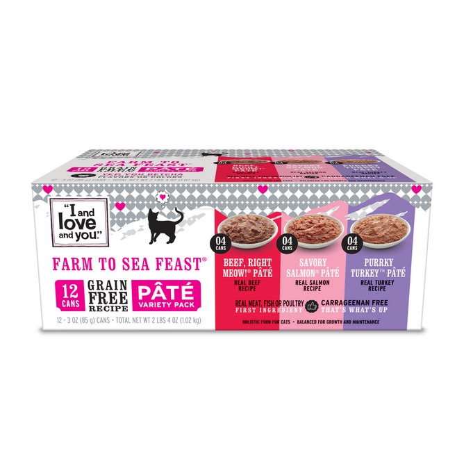 A 12-can variety pack of I and Love and Yous Beef Right Meow, Savory Salmon, and Purrky Turkey Pate grain-free wet cat food featuring images of pâté, a cat silhouette, and vital nutrient details.