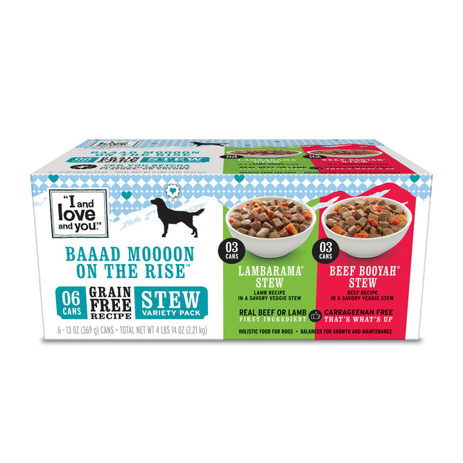 The I and Love and You Beef Booyah and Moo Moo Venison Stew Grain-Free Combo Pack includes six 13 oz cans of real meat and veggie wet dog food, totaling 4 lbs 14.5 oz.