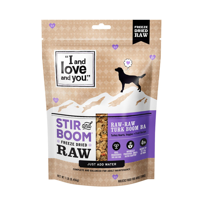 The 1-pound package of I and Love and You Stir and Boom Raw Raw Turk Boom Ba Dinner features a dog silhouette alongside ingredients like turkey hearts, veggies, and fruit. This holistic, grain-free option promotes adult dog nutrition.