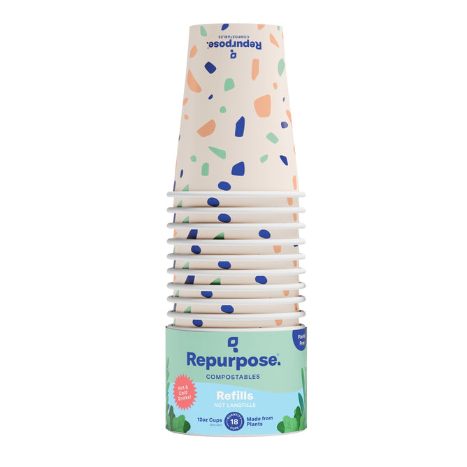 Repurpose Compostable Hot & Cold Cups, 12oz, terrazzo pattern (blue, peach, green), BPA-free paper sleeve, 18 count. Made from plants.