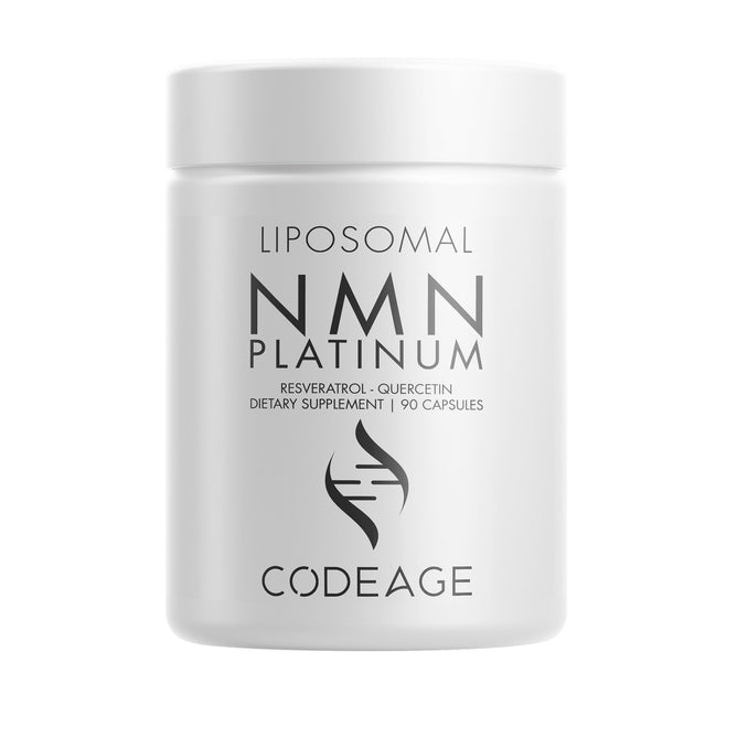 A white bottle labeled Liposomal NMN Platinum by Codeage, containing 90 capsules of a dietary supplement with nicotinamide mononucleotide, trans-resveratrol, and quercetin in a liposomal matrix. The design has minimalist black text and a simple logo.