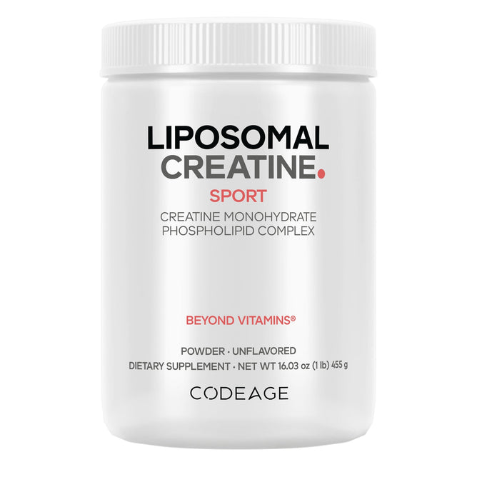 A white container labeled Liposomal Creatine Monohydrate Large by Codeage shows Micronized Creatine Monohydrate Phospholipid Complex, Beyond Vitamins, Powder · Unflavored—a supplement designed for training.