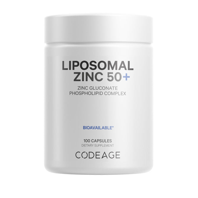 A white bottle of Codeage Liposomal Zinc, a bioavailable zinc gluconate phospholipid complex supplement with 100 capsules, is shown against a plain background.