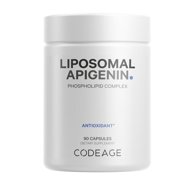 A white bottle labeled Liposomal Apigenin by Codeage features Phospholipid Complex with Chamomile extract and Antioxidant, plus 90 capsules dietary supplement indicated below. The Codeage brand name appears at the bottom.