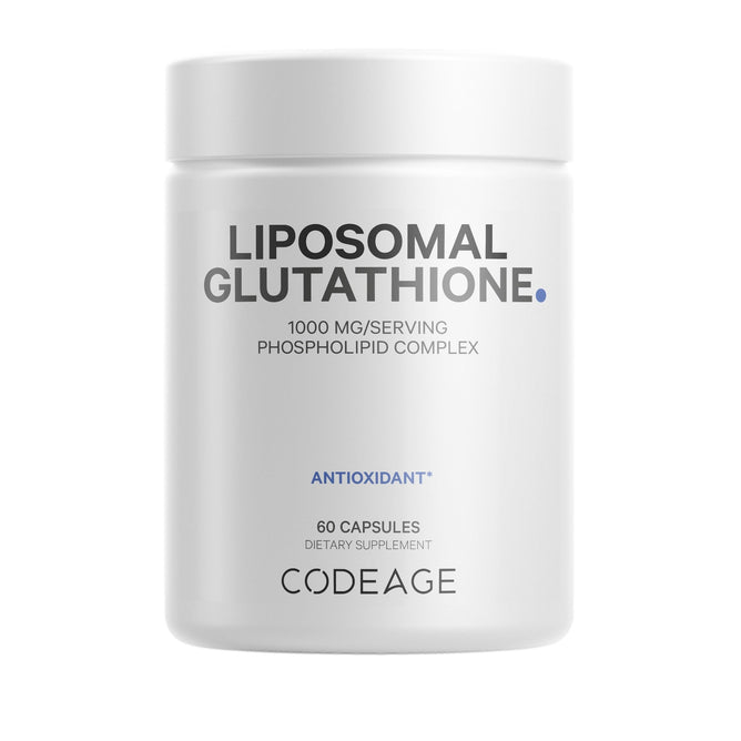 A white bottle labeled Codeage Liposomal Glutathione 1000 mg, featuring a phospholipid complex and GlutaONE™ blend for antioxidant support; contains 60 dietary supplement capsules.