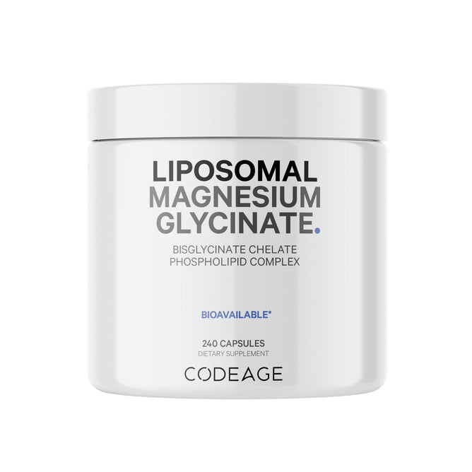 A white jar labeled Codeage Liposomal Magnesium Glycinate Large with Bisglycinate Chelate Phospholipid Complex and Bioavailable below. The container holds 240 capsules, features BioPerine, and is by Codeage.