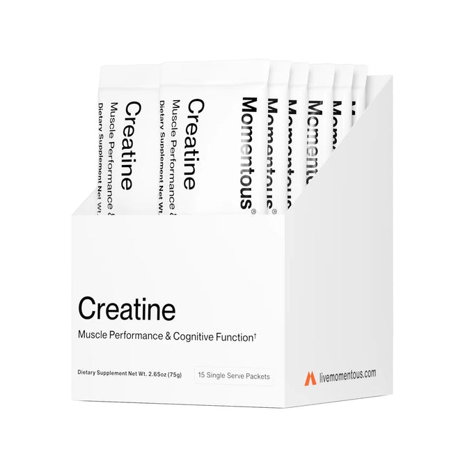 Momentous Creatine - Creapure - Single Serve offers 15 packets of Creapure® creatine monohydrate for muscle performance and cognitive function, in a sleek white box with bold black text.