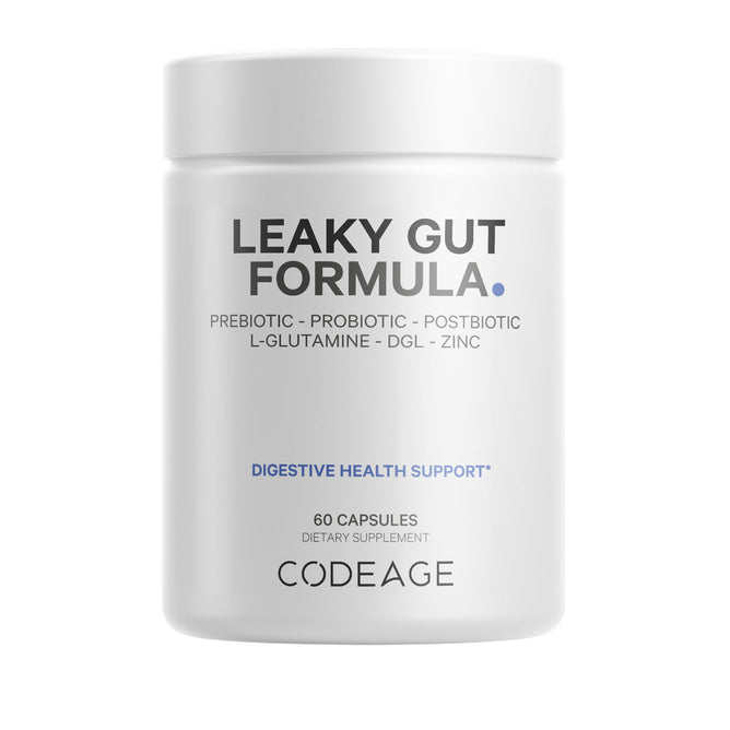 Codeage Leaky Gut Formula, in a white bottle, contains L-glutamine, probiotics, prebiotics, postbiotics, DGL, and zinc. This supplement provides 60 capsules for comprehensive digestive health support.