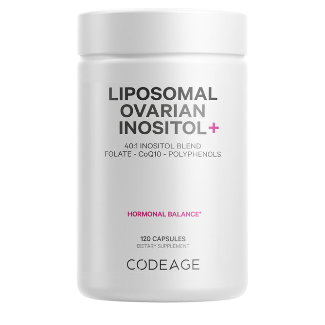 Codeage Liposomal Ovarian Inositol+ offers a 40:1 Myo-Inositol and D-chiro-inositol blend, folate, CoQ10, polyphenols, and liposomal delivery for hormonal balance. Includes 120 dietary supplement capsules.