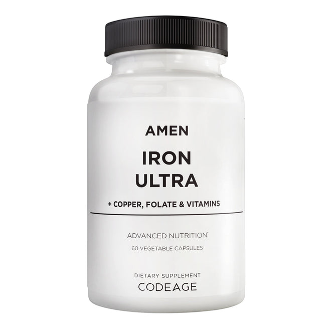 Codeage Amen Iron Ultra is a vegan supplement in a white bottle with a black cap, offering 65mg iron per serving plus copper, folate & vitamins. Contains 60 vegetable capsules.