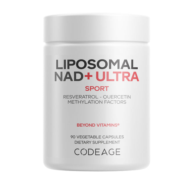 White bottle labeled Codeage Liposomal NAD+ Ultra, a wellness supplement with resveratrol, quercetin, and methylation factors. Features liposomal delivery for optimal absorption. Contains 90 vegetable capsules.