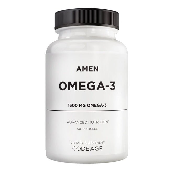 A white bottle of Codeage Amen Omega-3, 90 softgels, with a black cap sits on a plain white background—perfect to pair with an iron supplement such as vegan iron or ferrous sulfate.