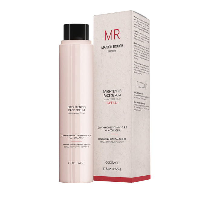 A tall, light pink bottle of Codeage Brightening Face Serum · Refill stands beside its matching box. The black-capped bottle features collagen peptides, glutathione, vitamins C & E, and HA for glowing skin.