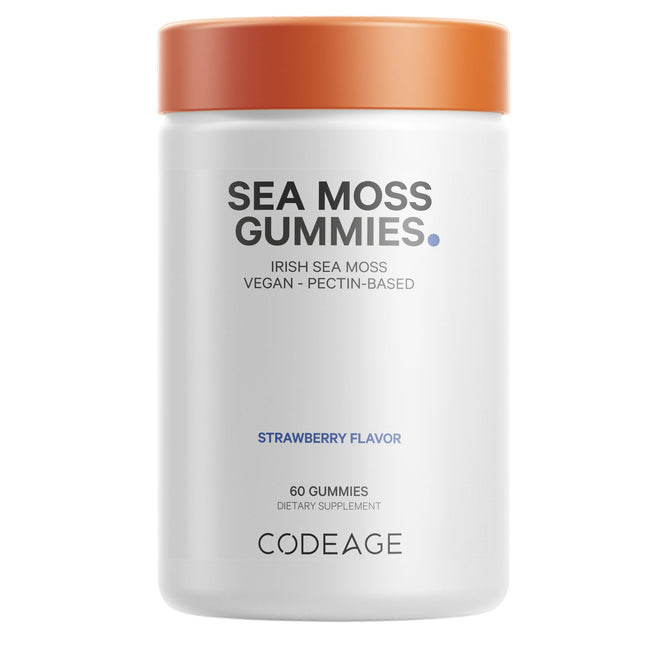 Codeage Sea Moss Gummies come in a white container with an orange lid and label, offering 60 vegan, strawberry-flavored gummies made with Irish sea moss and pectin as a dietary supplement.
