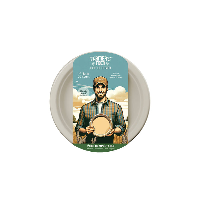 A round, 10 compostable plate from the Farmers Fiber Collection by Better Earth, PFAS-free and eco-friendly, comes in packaging with an illustrated man in a plaid shirt and cap holding a plate.