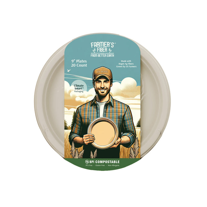 A round package of Better Earth 9 Farmers Fiber Collection Plates shows a smiling man with a plate, wheat fields, and blue sky. The label notes 20 PFAS-Free fiber plates, BPI compostable for an environmentally friendly choice.