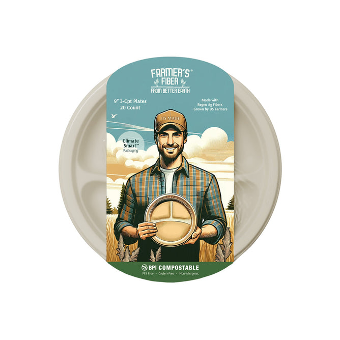 A 20-count pack of Better Earth 9 3 Comp Farmers Fiber Collection Round Plates shows a farmer holding a plate with mountains and fields behind. The label features PFAS-Free, Climate Smart Packaging, and BPI Certified.