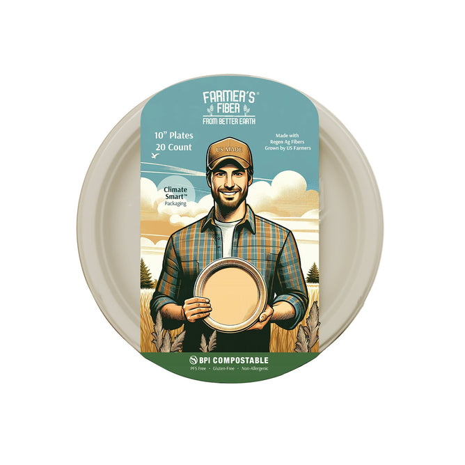 A round package of Better Earth 10 Farmers Fiber Collection Plates features a smiling farmer, mountains, and fields, with text highlighting PFAS-free, climate-smart packaging and eco-friendly molded fiber tableware.