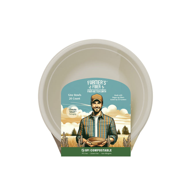 A 20-pack of 12oz Better Earth Farmers Fiber Collection round bowls. Eco-friendly, PFAS-free molded fiber tableware featuring compostable packaging with a smiling farmer and crops under a blue sky.