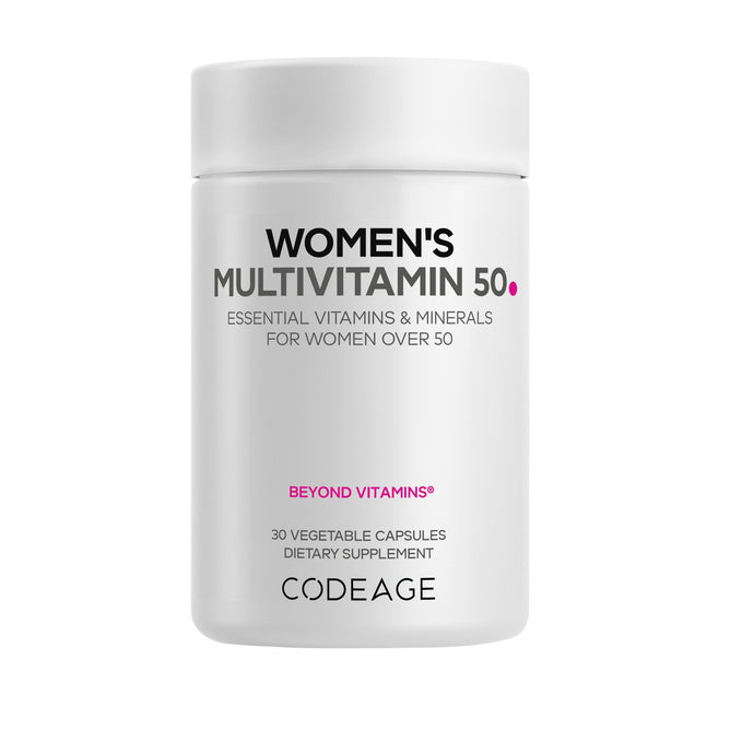Codeage Womens Multivitamin 50 30ct is a white bottle with 30 vegetable capsules, formulated to deliver essential vitamins and minerals for women over 50.