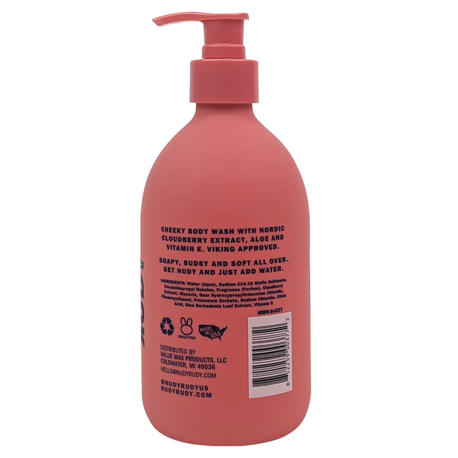 A pink pump bottle of Nudy Rudy Body Wash with black text showcases ingredients like aloe and cloudberry extract. The back label includes a barcode and certification symbols.