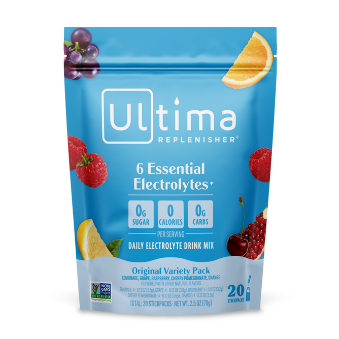 A blue Ultima Replenisher Electrolyte Mix Variety Pack pouch features fruit images and highlights 6 essential electrolytes, sugar-free, 0g sugar, 0 calories, and 0g carbs—ideal hydration for any lifestyle.