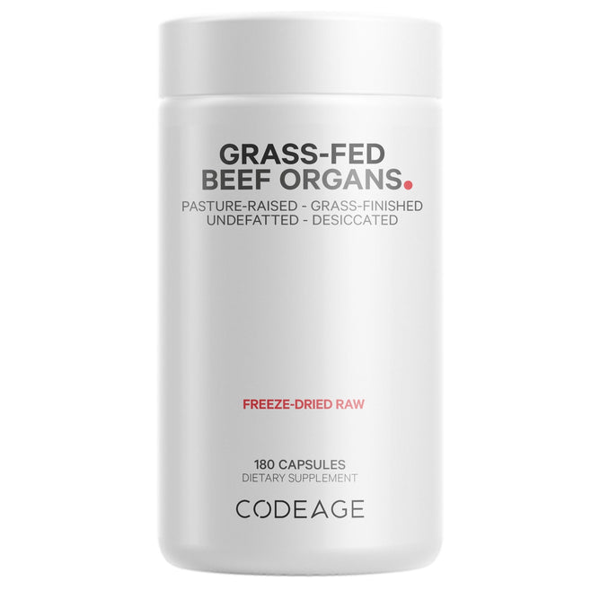 A white Codeage Beef Organs bottle with 180 capsules. The label highlights it as pasture-raised, freeze-dried, non-defatted raw supplement from grass-finished and desiccated beef organs.