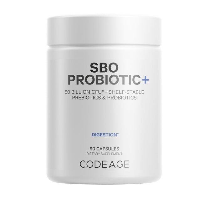 A white bottle of Codeage SBO Probiotic 50, featuring soil-based organisms and fermented botanicals, offers 50 billion CFU*, shelf-stable prebiotics & probiotics, and contains 90 capsules designed for digestion support.