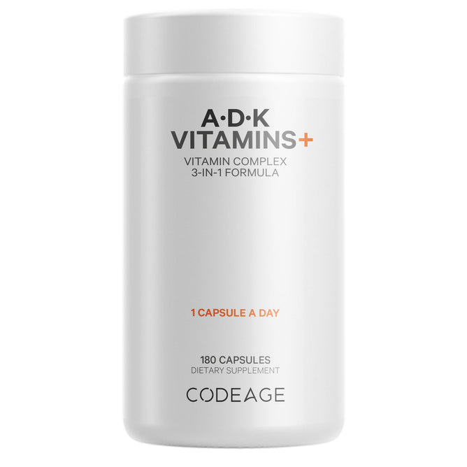 A white bottle labeled Codeage ADK Vitamins, a dietary supplement with Vitamin D3 and K2. Take 1 capsule daily. Contains 180 capsules.