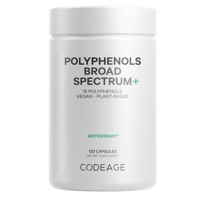 Codeage Polyphenols is a white bottle with minimalist black and green text, containing 120 vegan antioxidant capsules featuring quercetin.