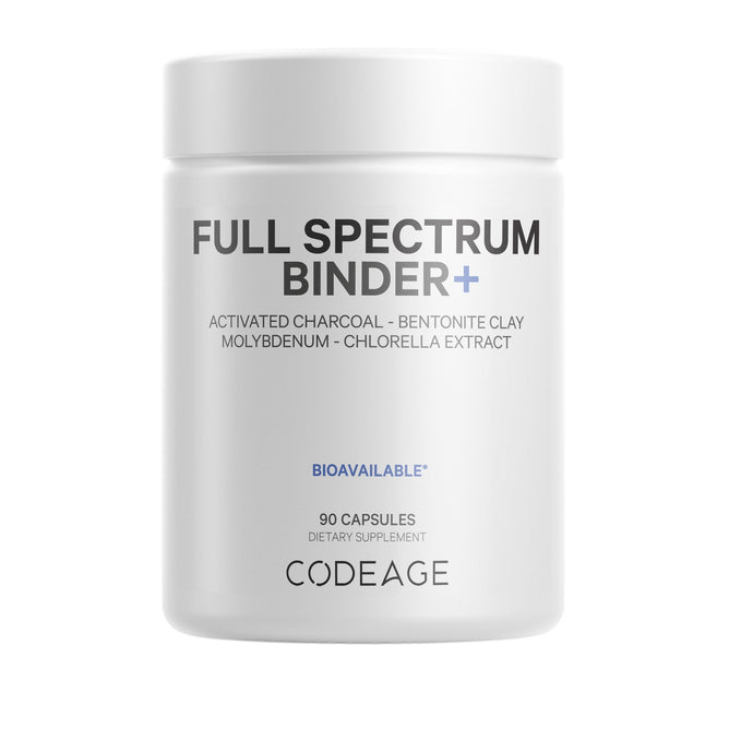 A white bottle labeled Codeage Binder + highlights ingredients such as activated charcoal, bentonite clay, chlorella extract, molybdenum, fulvic & humic acids; features Bioavailable, 90 capsules, and dietary supplement on its label.