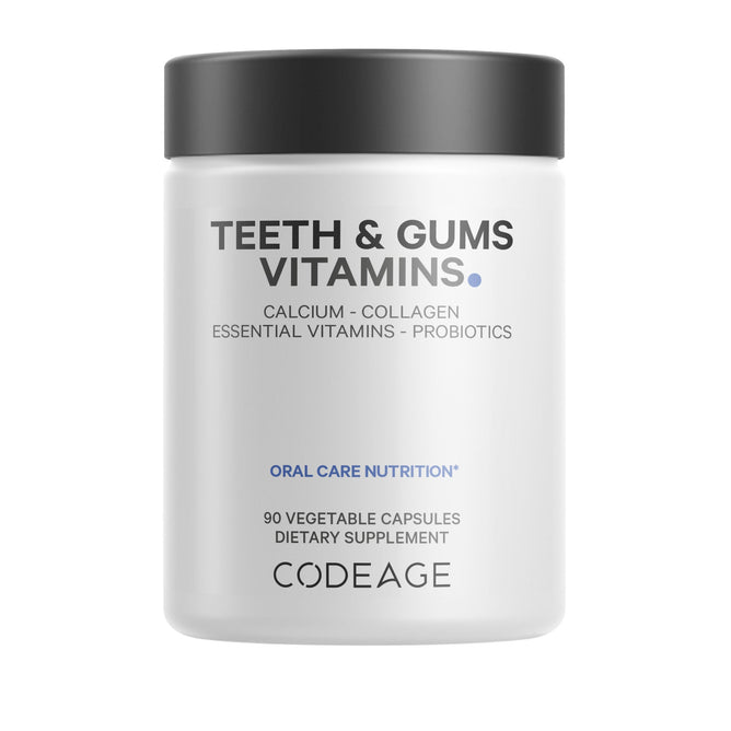 A white container with a black lid labeled Codeage Teeth & Gums Vitamins, offering calcium, collagen, essential vitamins, probiotics with SBO, and 90 vegetable capsules as a dietary supplement for oral care.