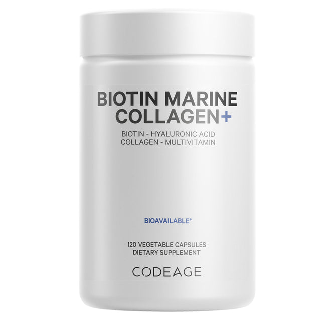 A white Codeage container labeled Biotin Marine Collagen Capsules features marine collagen, biotin, hyaluronic acid, and multivitamins. The label shows 120 vegetable capsules inside.