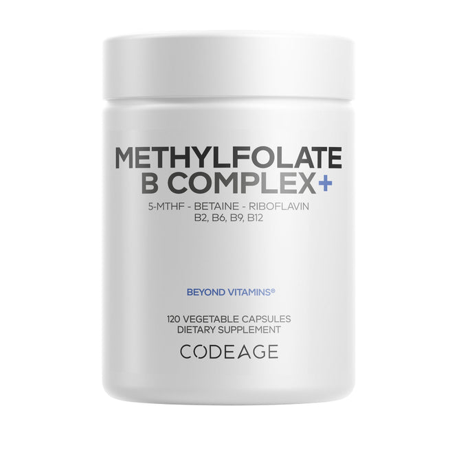 A white container labeled Codeage Methylfolate B Complex shows key ingredients: methylfolate, vitamin B complex, betaine, Riboflavin (B2), B6, B9, and B12. Below: 120 vegetable capsules dietary supplement.