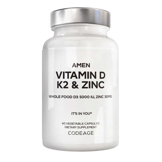 A white bottle labeled Amen Vitamin D, K2 & Zinc by Codeage contains 60 vegetable capsules with whole food Vitamin D3 5000 IU, Vitamin K2, and zinc 30 mg as a dietary supplement.