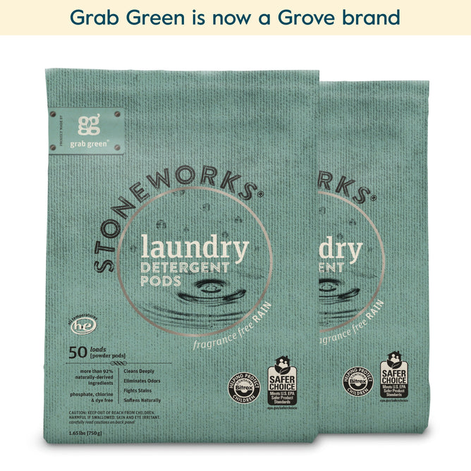 Two aqua-green pouches of grab green Stoneworks Laundry Detergent Pods - 2 Pack - Rain (Coming Soon!) are shown. Each bag covers 50 loads, is Safer Choice certified, and delivers powerful stain-fighting, deep cleaning.