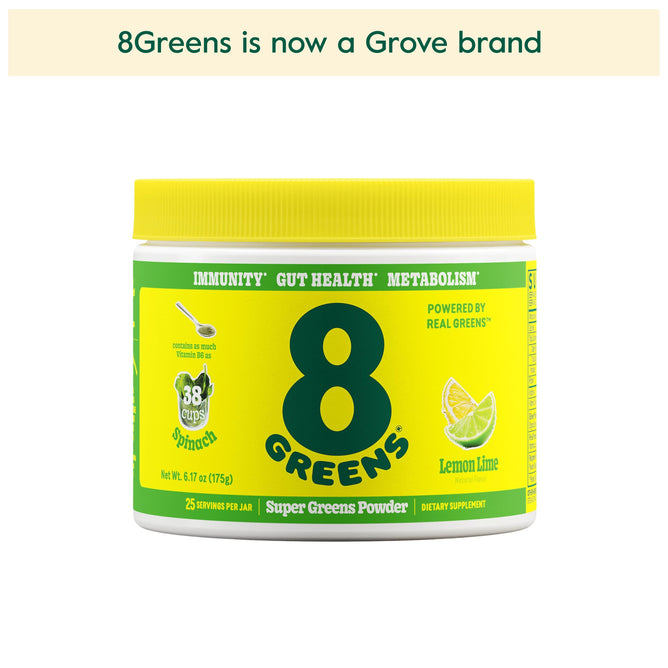 A 175g yellow tub labeled Super Greens Powder Tub - Lemon Lime by 8Greens, featuring a lime design, emphasizes immunity and digestive health benefits. Above it, text announces that 8Greens is now a Grove brand.