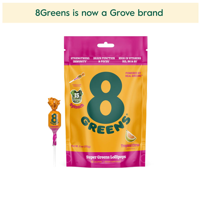 Image of a Super Greens Lollipop package by 8Greens with a lollipop next to it, highlighting benefits like immune support and high vitamins. Text above announces that 8Greens is now a Grove brand.