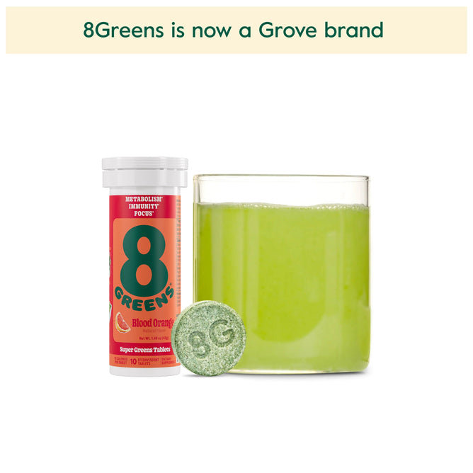 A bottle of 8Greens Super Greens Tablet Blood Orange (Subscription) and a green drink. A tablet in front shows 8G. A top banner says, 8Greens is now a Grove brand, providing an immunity boost and supporting metabolism in every sip.