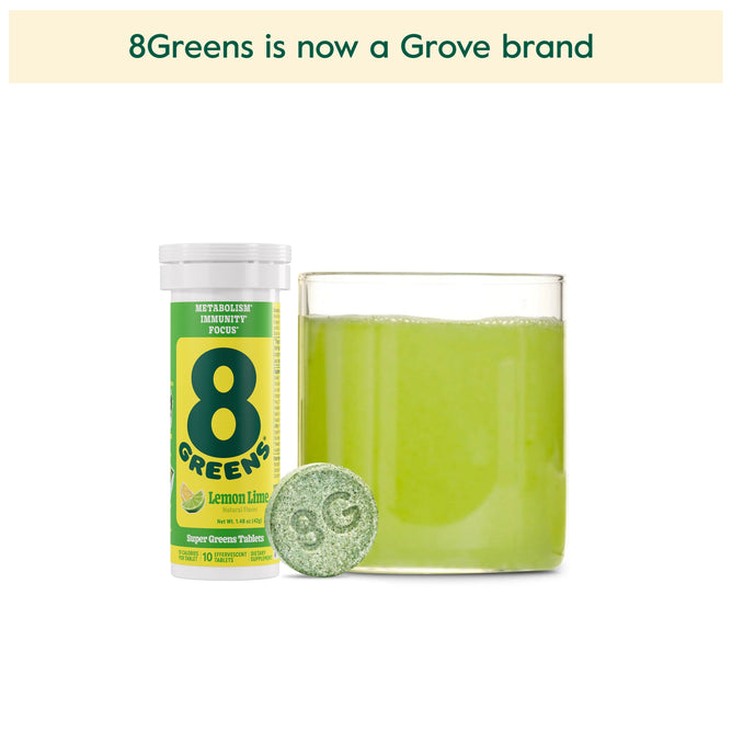 A container of 8Greens Super Greens Tablet - Lemon Lime (Subscription) sits beside a green drink and a tablet, supporting metabolism and immunity, with text announcing 8Greens as a Grove brand.