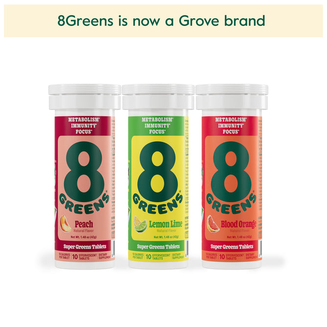 Three tubes of 8Greens Super Greens Tablet - Variety Pack (Coming Soon!) are shown in Peach, Lemon Lime, and Blood Orange flavors. A banner above announces that 8Greens is now a Grove brand, offering metabolism support for vibrancy.