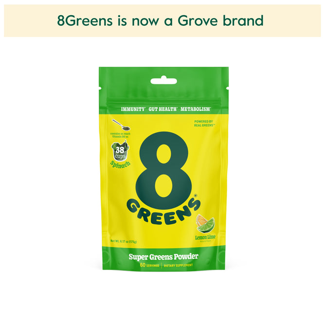 A green and yellow 8Greens Super Greens Powder Pouch in lemon-lime flavor, highlighting benefits for immunity, digestive health, and metabolism support with 38 cals. The top banner announces its now part of Grove.