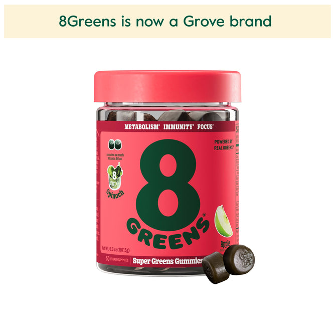 An open jar of 8Greens Super Greens Gummies - Apple with a red label is displayed, revealing two gummies beside it. Text above announces, 8Greens is now a Grove brand. These apple-flavored gummies offer delicious metabolism support.