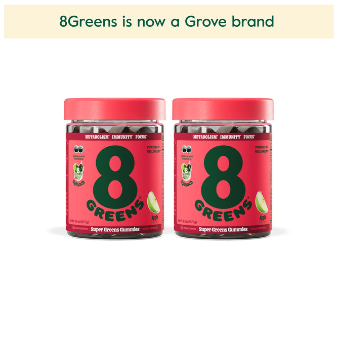 Two jars of 8Greens Super Greens Gummies - Apple (Multi-Packs) are displayed with red labels, promoting immunity boost in each bite. A banner above announces that 8Greens has become a Grove brand.