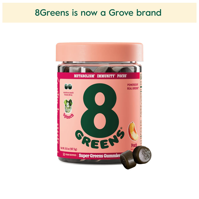 A jar of 8Greens Super Greens Gummies - Peach, with a pink label and green text promoting metabolism-boosting benefits, shows images of peaches and spinach. Two gummies rest beside it. A banner above announces that 8Greens is now part of Grove.