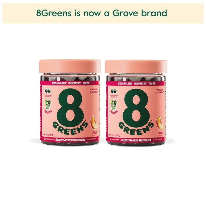 Two jars of 8Greens Super Greens Gummies - Peach (Multi-Packs) are shown on a white background with a banner above stating, 8Greens is now a Grove brand. These gummies provide immunity support and boost metabolism for a healthy lifestyle.