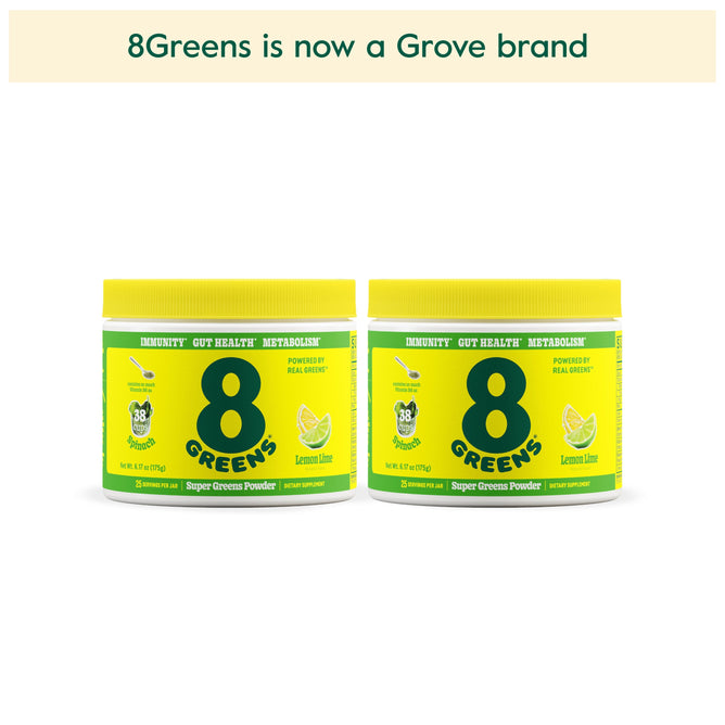 Two tubs of 8Greens Super Greens Powder Tub - Lemon Lime are displayed on a white background with the text above stating, 8Greens is now a Grove brand, emphasizing its dedication to products that boost metabolism and immunity.