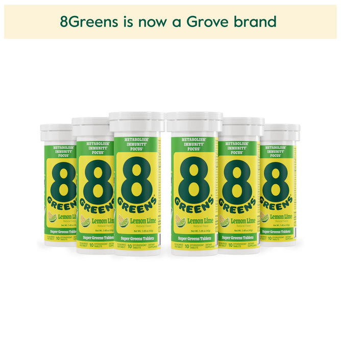 Two rows of six Super Greens Tablet - Lemon Lime (Multi-Packs) containers display the new 8Greens, now a Grove brand. Packaging in green and yellow with bold text emphasizes its immunity support.