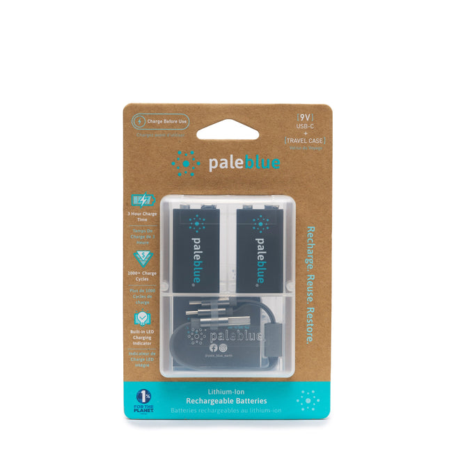 Paleblue 9V USB-C Li-ion Rechargeable Batteries retail pack includes two eco-friendly batteries and a USB-C cable, all in clear blister packaging with teal and blue branding.